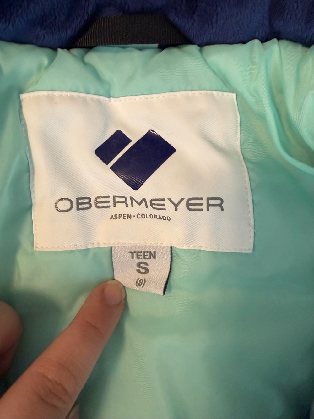 Obermeyer Aqua and Navy Girls' Hooded Ski Jacket with Patterned Sleeve - Picture 4 of 10